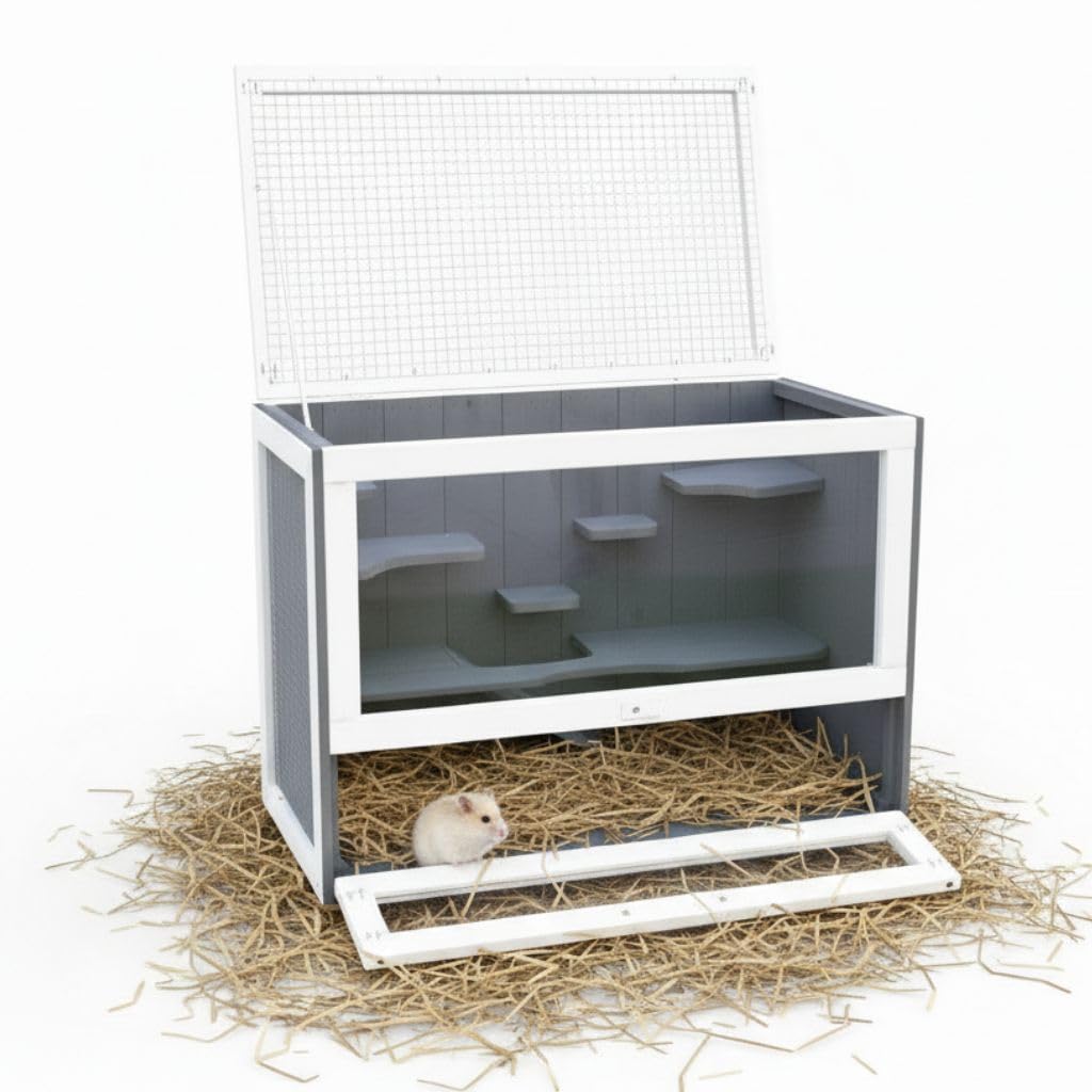 Mucola Hamsterkäfig aus Holz Grau/Weiß – Nagerkäfig mit 5 Etagen, Plexiglasfront & Gitterdeckel, Kleintierheim für Hamster, Mäuse & Rennmäuse, 60x35x42 cm