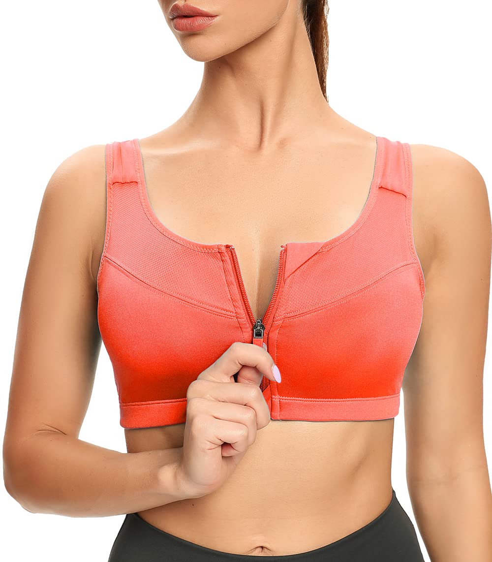Zip Front Sports Bras Wirefree Post Surgery Bras High Support Running Workout Yoga Bras for Women High Impact Racerback Bras