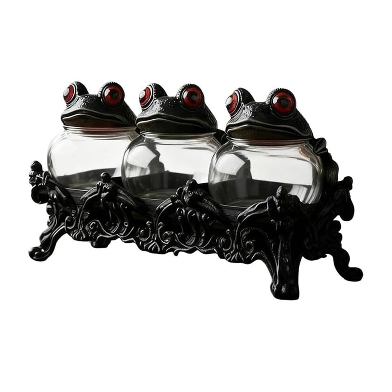 Witchy Frog Apothecary Spice Jars with Frogs Lids Handcrafted Clear Seasoning Jars Leakproof Gothic Food Storage Containers for Pantry Cabinet Counter Food Cooking (3 Frog Base)