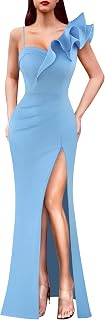 VFSHOW Womens Ruffle One Shoulder Strap Ruched Formal Prom Wedding Maxi Dress V Neck Elegant Split Cocktail Evening Long Gown