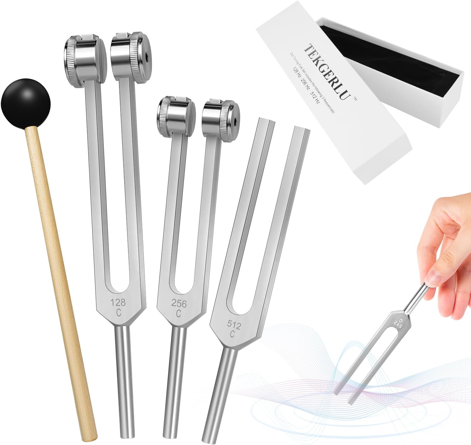 Professional Tuning Fork Kit 128Hz 256Hz 512Hz Complete Set with Weighted & Unweighted Forks, Activator, Mallet, Case for Sound Healing & Frequency Therapy