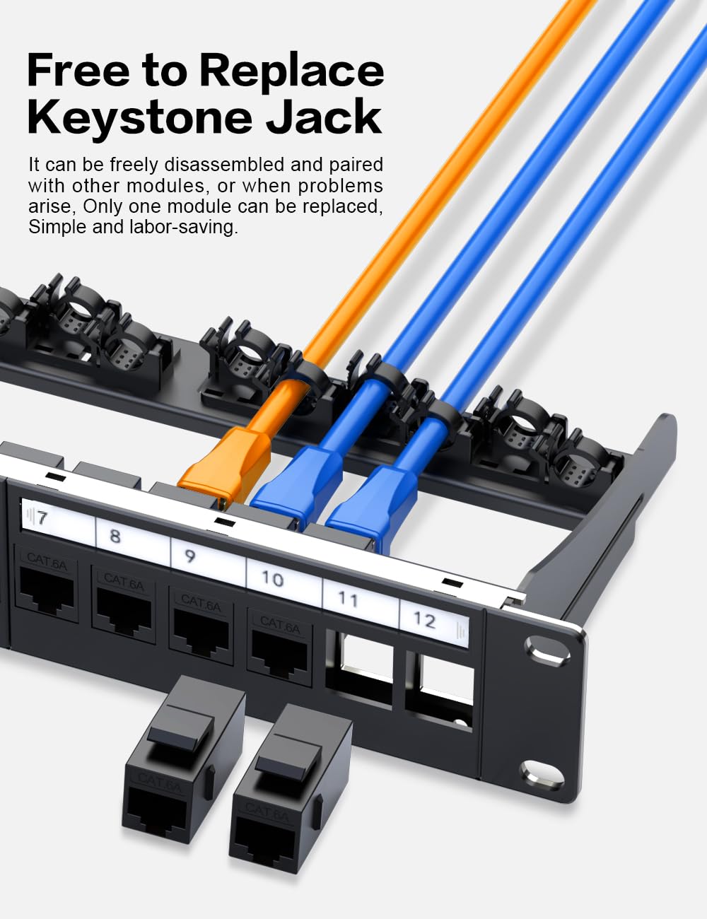 Panneau de brassage 1U 12 ports Cat6a Keystone Panneau de brassage réseau blindé avec câble intelligent (pas d'attache de câble nécessaire) Gestion pour rack de 25,4 cm