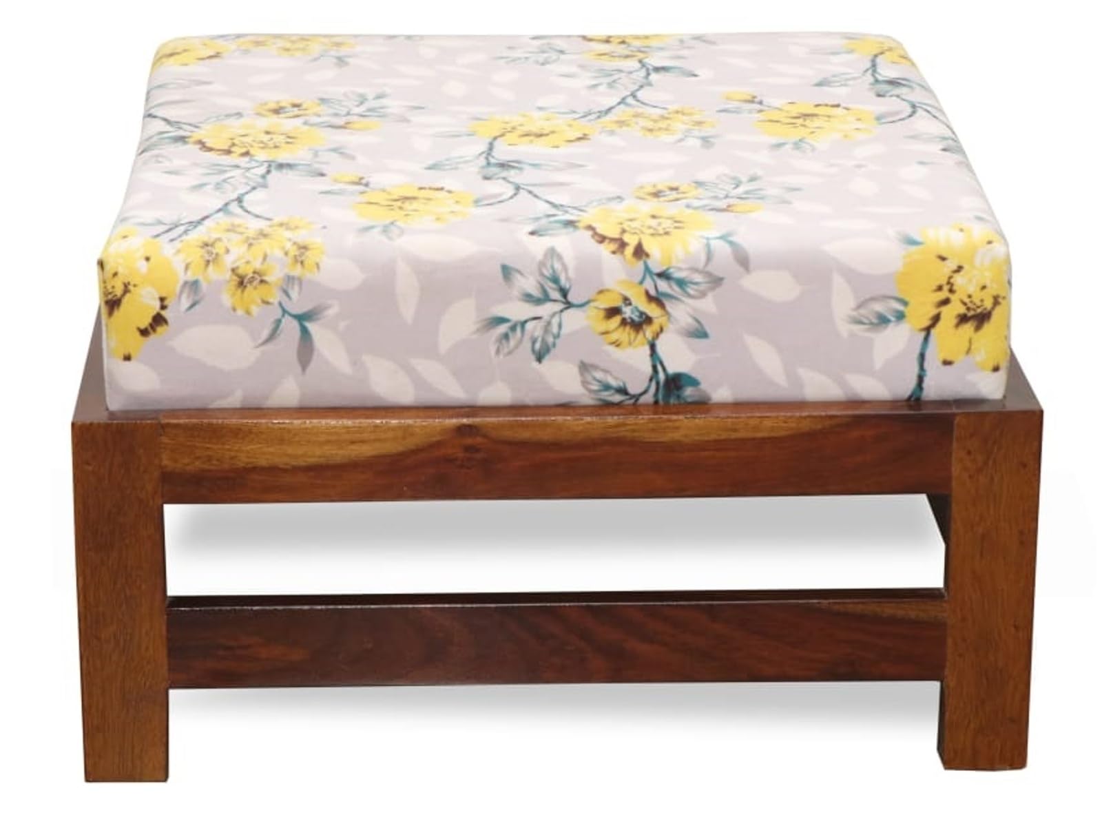 WIPROWOOD Sheesham Wood Low Height Cushioned Ottoman Stool Wooden Seating Pouffes Stool for Living Room Home (Natural Brown Finish)