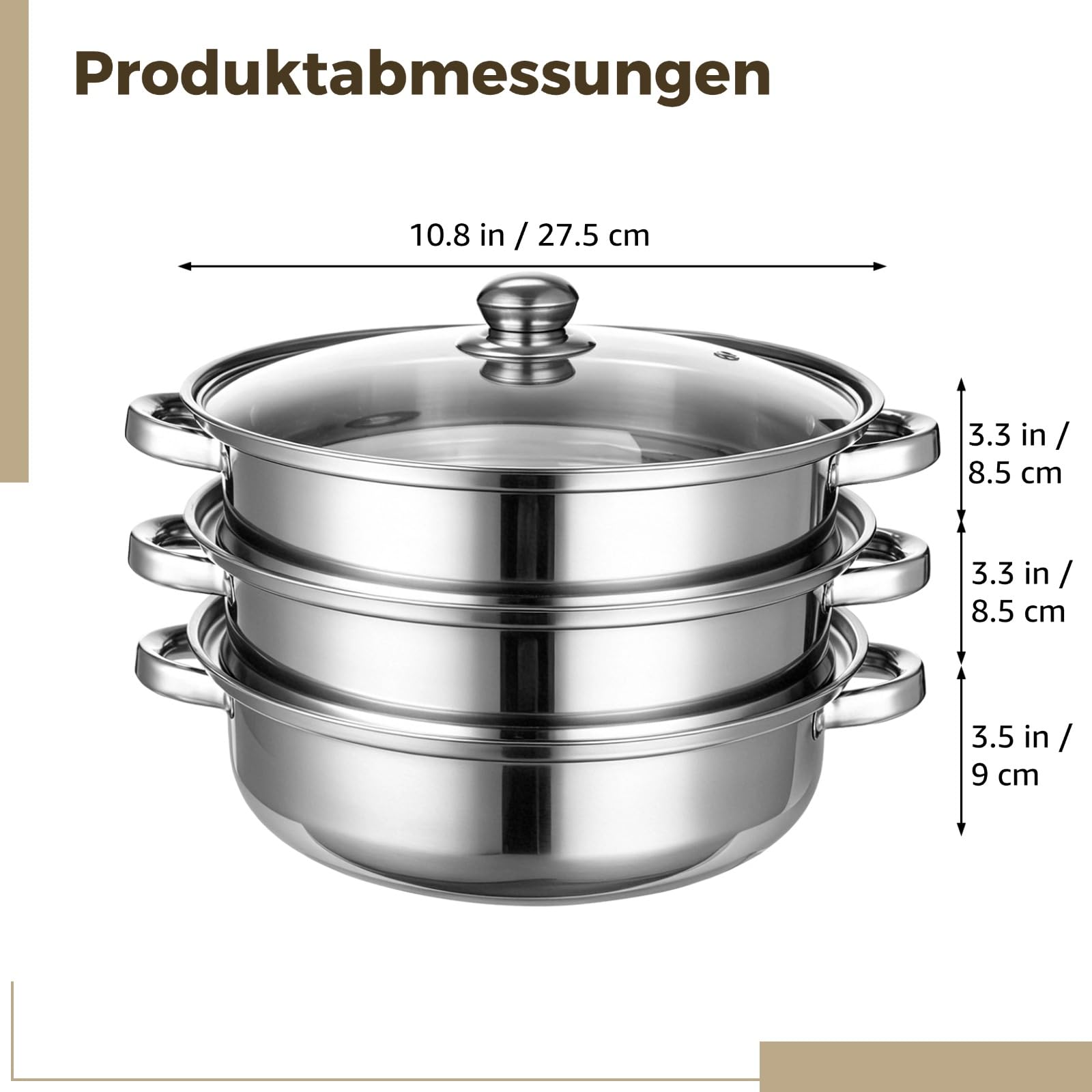 3-stöckiger Dampfgarer Topf mit Glasdeckel, Dampfgarer 28 cm aus Edelstahl