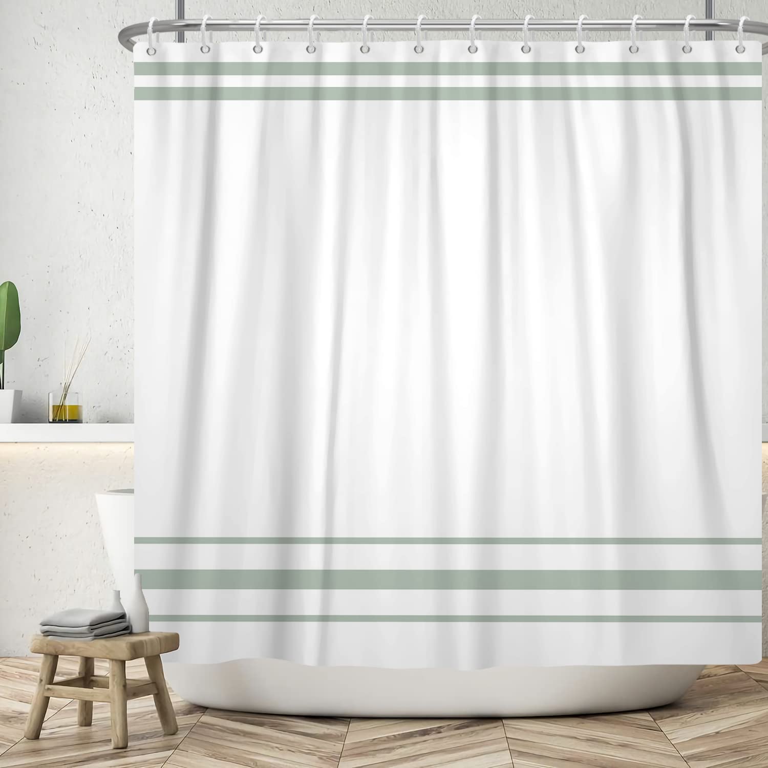 SDOTPMT 140x180cm Green and White Shower Curtain Modern Classic Green Striped Bath Curtain Countryside Farmhouse Minimalism Bathtub Curtain for Bathroom Decor Polyester with Hooks — image 1