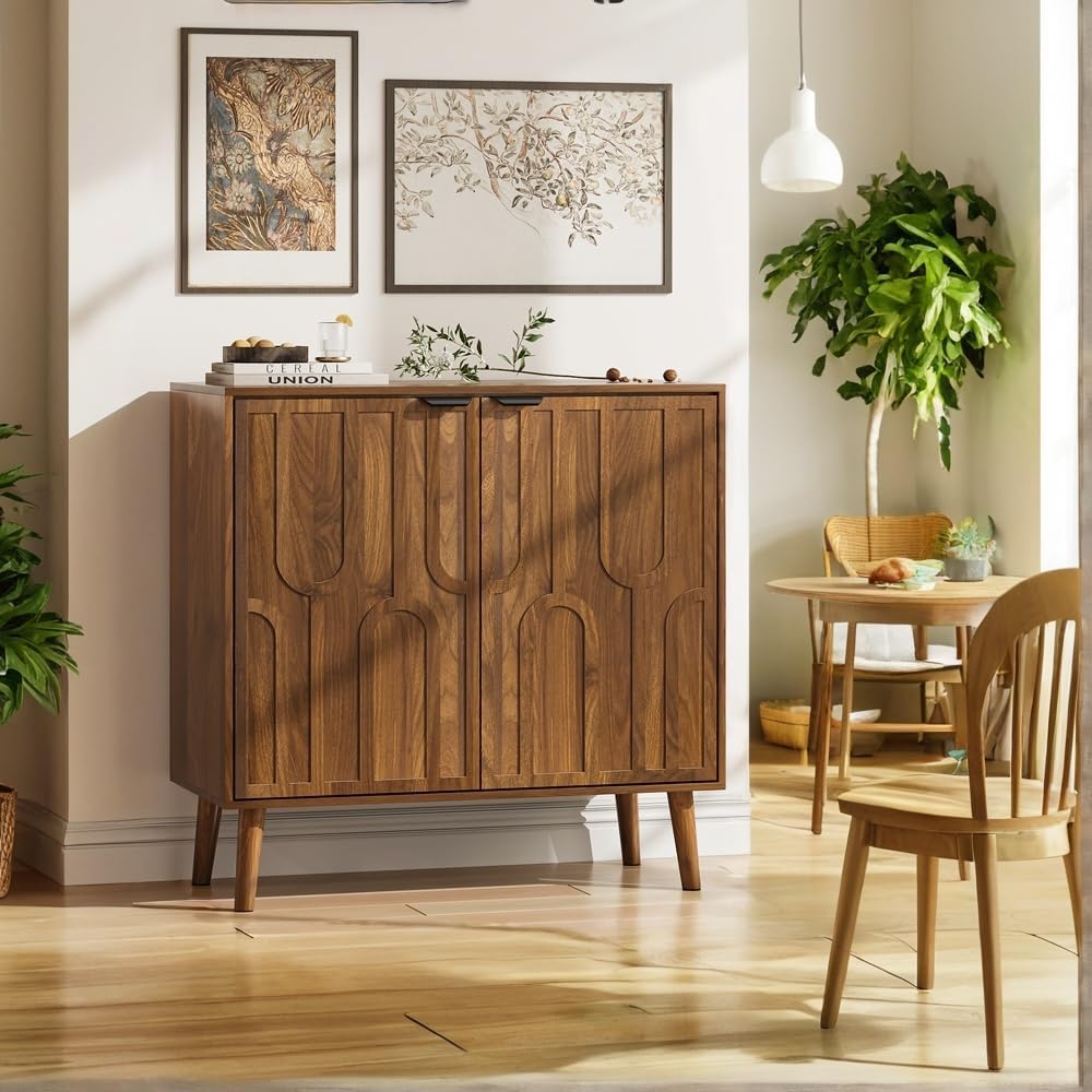 Walnut Sideboard Storage Cabinet, Farmhouse Kitchen Storage Cabinets with 2 Doors, Wood Coffee Bar Storage Cabinet for Entryway, Living Room, Hallway