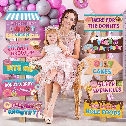 Image of Hooqict 20 Pieces Doughnut Party Sign Welcome to Donut Party Directional Signs for Kids Girls Sweet Donut Themed Birthday Decorations Supplies