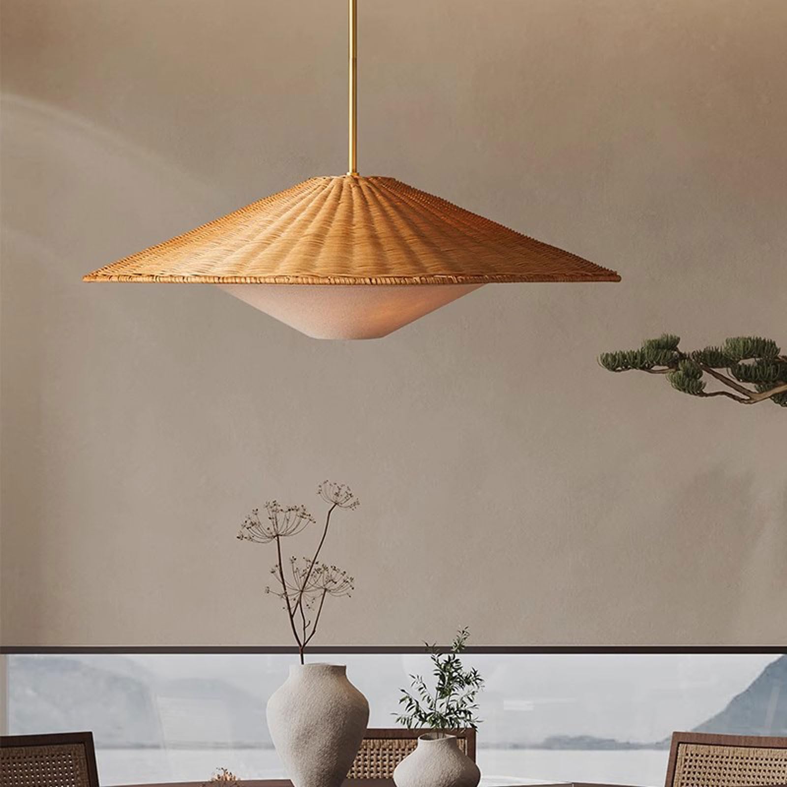 Lámpara de araña LED de ratán estilo retro campestre, pantalla de bambú, altura ajustable | Adecuada para comedor, dormitorio, estudio, cafetería, salón de té, hotel, luminaria
