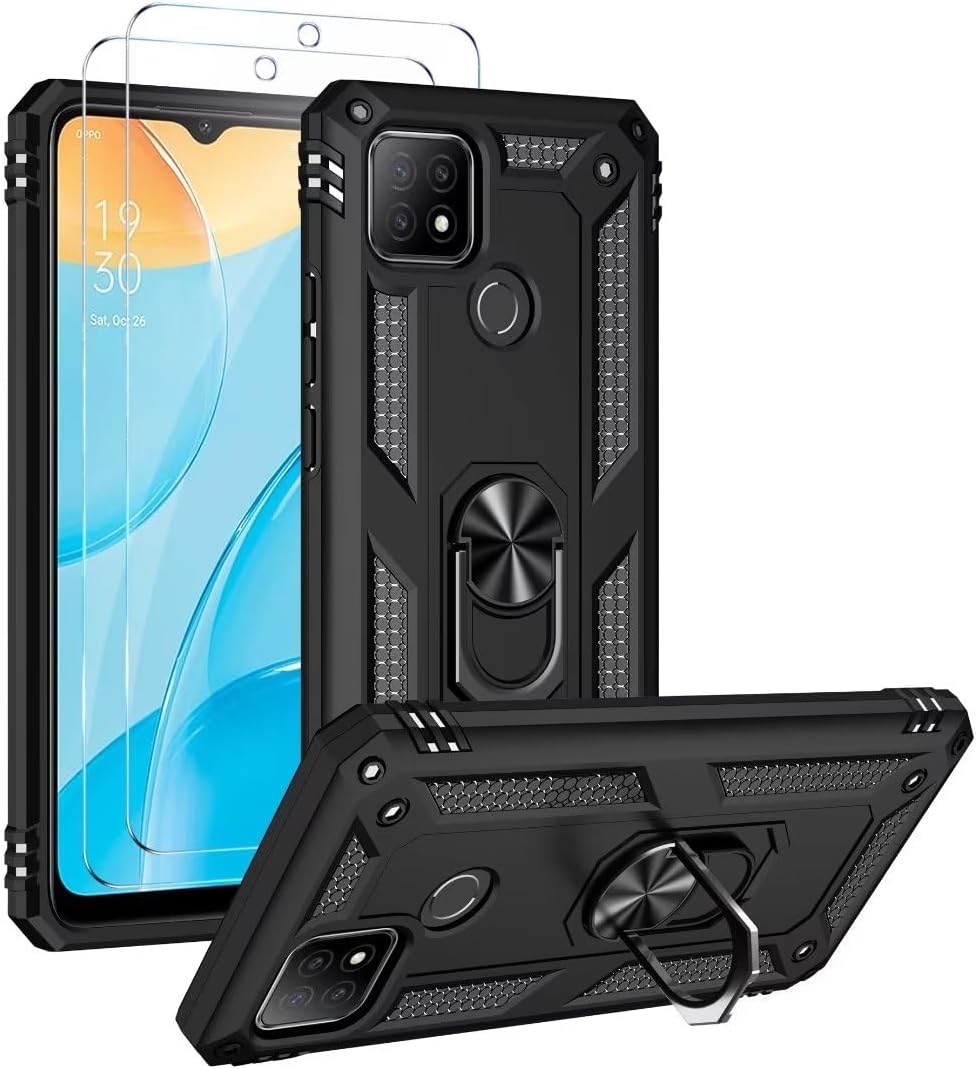 FMPCUON for Huawei P40 lite 5G/nova 7 SE Case and 2 Tempered Glass Screen Protector,Ring Holder Shockproof Tough Protective Silicone TPU Armour Phone Cover, Black