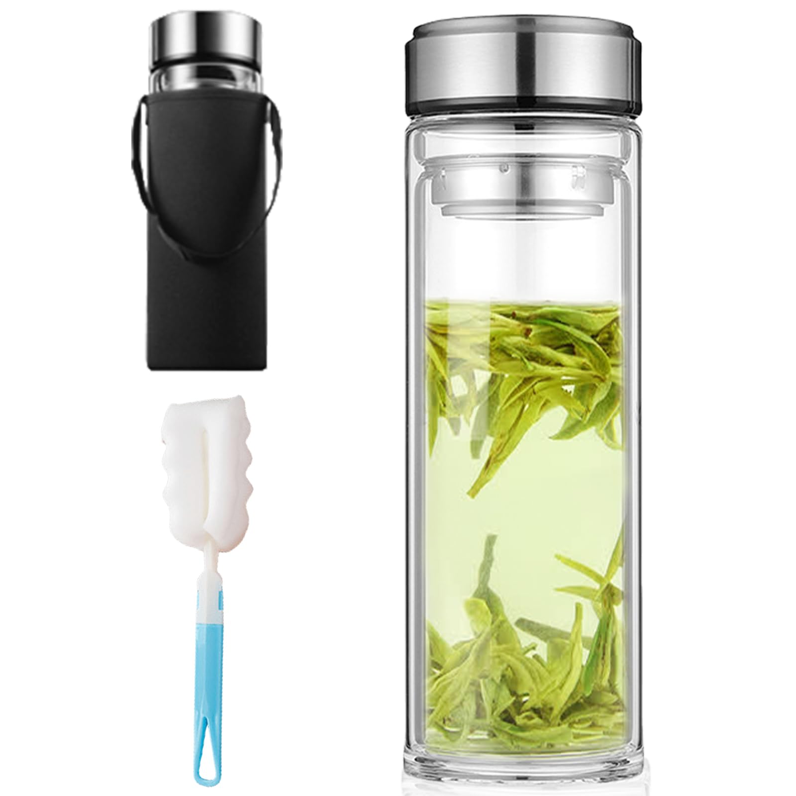 Bouteille en verre de 1 litre, gourde à double paroi de 1 l, gourdes avec brosse, ensembles de tasses, bouteille à thé avec passoire à emporter