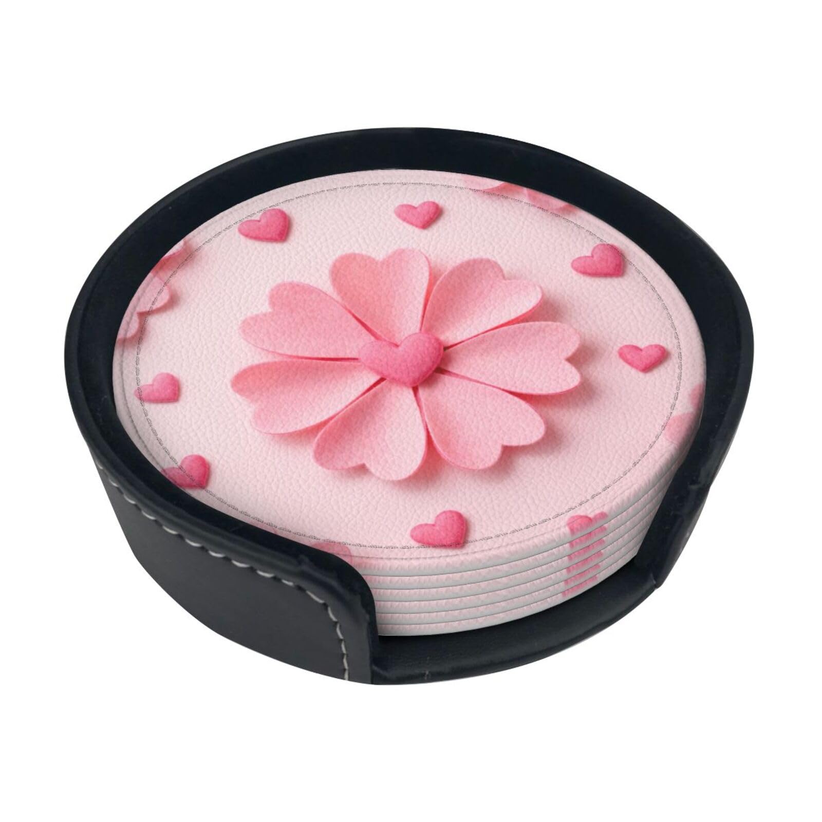 Cntdbu White Heart Flower Seamless Leather Coasters Set Of 6-Pu Leather Drink Mats For Table, Heat Resistant Round Coasters With Holder