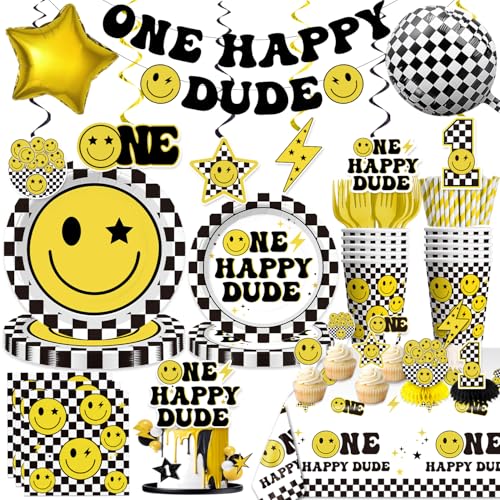 179pcs One Happy Dude Birthday Decorations Include One Happy Dude Plates and Napkins Set, Banner, Hanging, Tablecloth, Cupcake Topper, Balloon, for 1st Birthday Decorations Boy, Serves 25