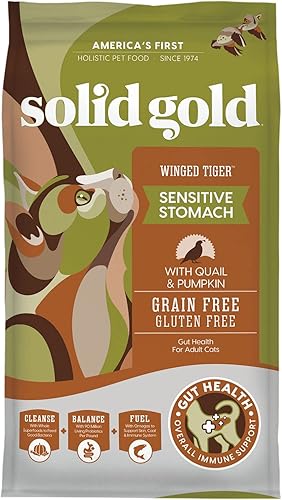 Solid Gold Alimento seco para gatos Sensitive Stomach - Hecho con codorniz real y calabaza - Alimento para gatos adultos y adultos mayores -
