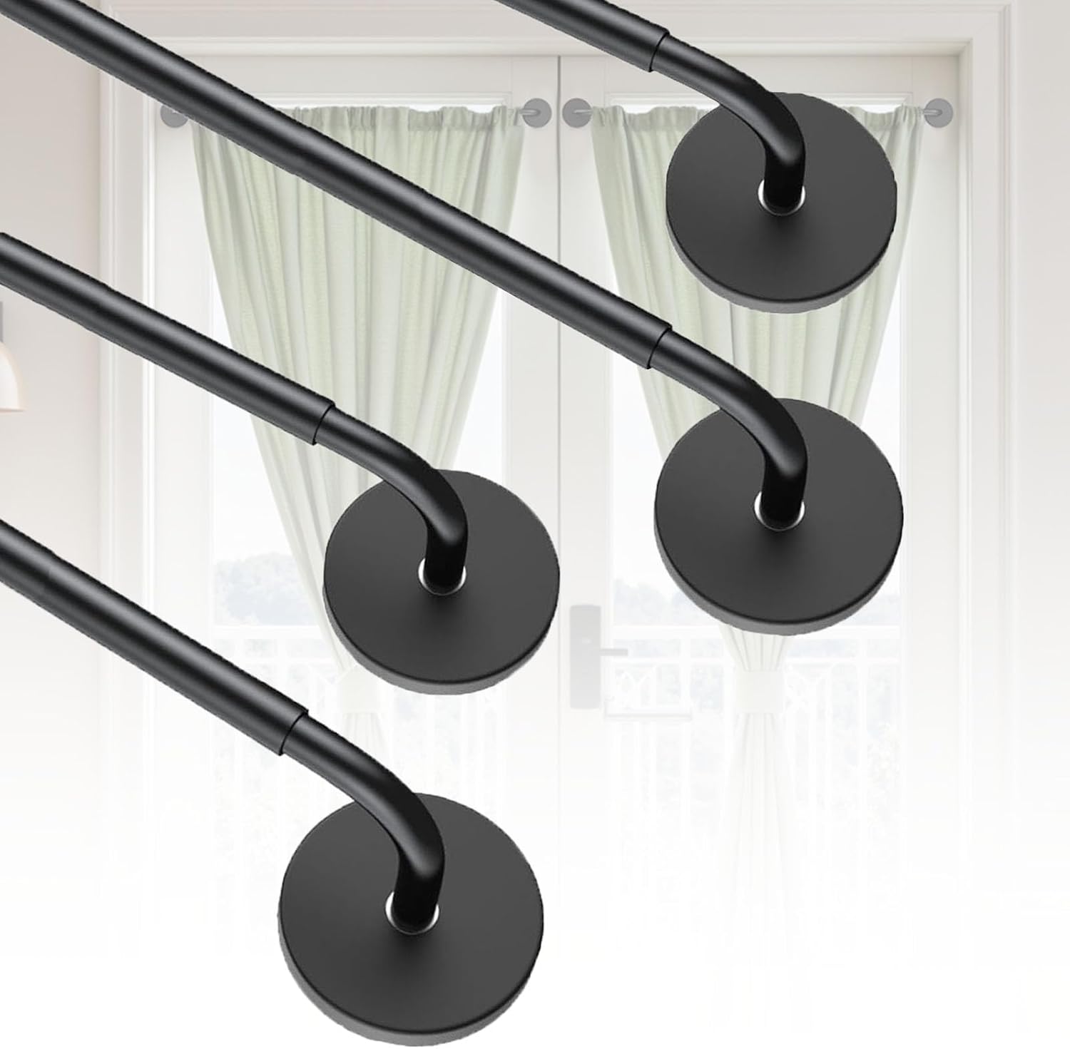 4 Pack Magnetic Curtain Rods for Metal Door, Adjustable 18 to 30 Inch Curtain Rod 1/2 Inch Diameter Magnet Rods for French Door Rod Window Cafe(Black, 4Pack) Black 18"-30" (4Pack)