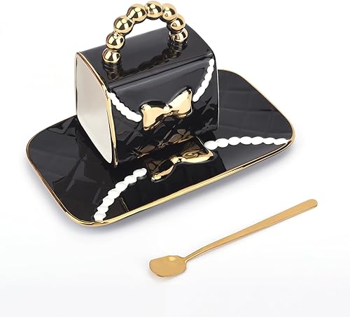 Koythin Platillo de cerámica para taza de café, creativo y lindo bolso en forma de taza con cuchara y platillo para oficina y hogar, diseño de lazo