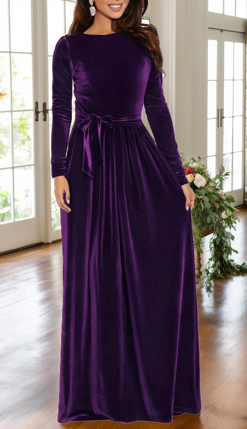 BestGirl Women's Velvet Maxi Dress Crew Neck Long Sleeve High Waist with Belt Cocktail Party Bridesmaid Dresses - Image 3
