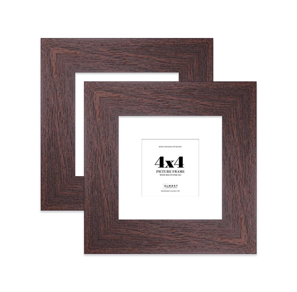 4x4" Walnut Square Frame With Mount for 2x2" Pictures 28mm Edge Frame Display with Wall Hooks and Kickstand, 2 Pack