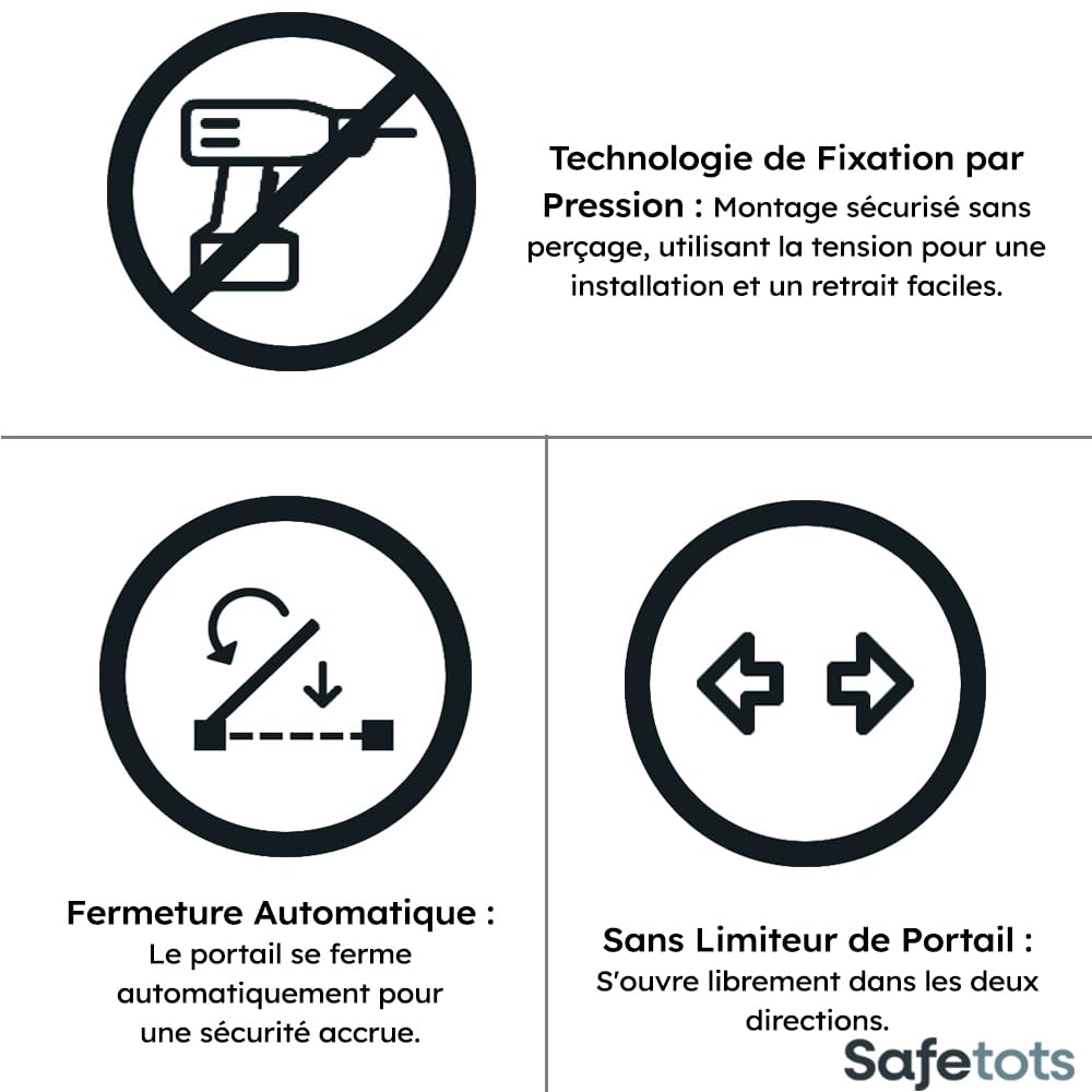 Safetots Barrière de Sécurité Supérieure avec Design Courbé, Barrière de Sécurité à Pression pour Escaliers, Portes, Couloirs et Espaces pour Bébés, 71cm - 80cm, Couleur Gris Mat