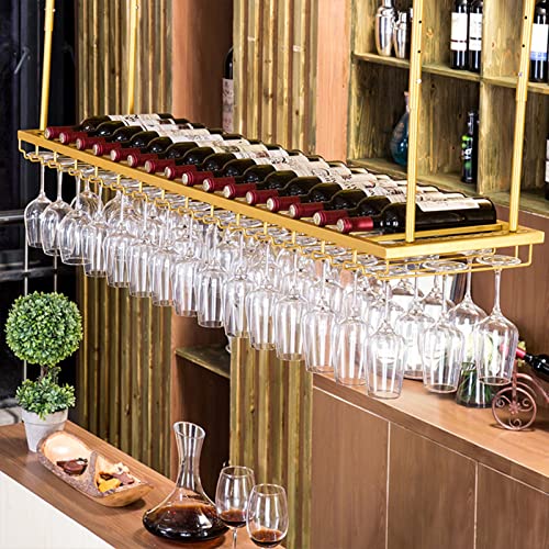 Regulowany złoty sufitowy wiszący stojak na wino - odwrócony uchwyt na kieliszki do wina i półka do przechowywania butelek do domu, kuchni, baru, spiżarni, 80 x 30 cm
