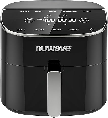 Nuwave Brio Plus 8 Qt Air Fryer, PFAS Free, New & Improved, Digital Touch Screen, Cool White Display, 50°F~400°F in Precise 5°, 5 Cook Functions, 100 Presets & 50 Memory, 3 Wattages 700, 1500, 1800
