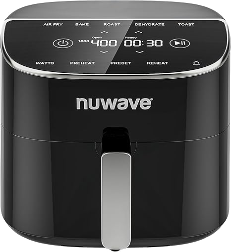 Nuwave Brio Plus 8 Qt Air Fryer, PFAS Free, New & Improved, Digital Touch Screen, Cool White Display, 50°F~400°F in Precise 5°, 5 Cook Functions, 100 Presets & 50 Memory, 3 Wattages 700, 1500, 1800