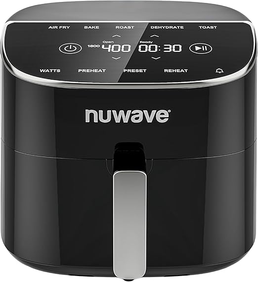 Nuwave Brio Plus 8 Qt Air Fryer, PFAS Free, New & Improved, Digital Touch Screen, Cool White Display, 50°F~400°F in Precise 5°, 5 Cook Functions, 100 Presets & 50 Memory, 3 Wattages 700, 1500, 1800