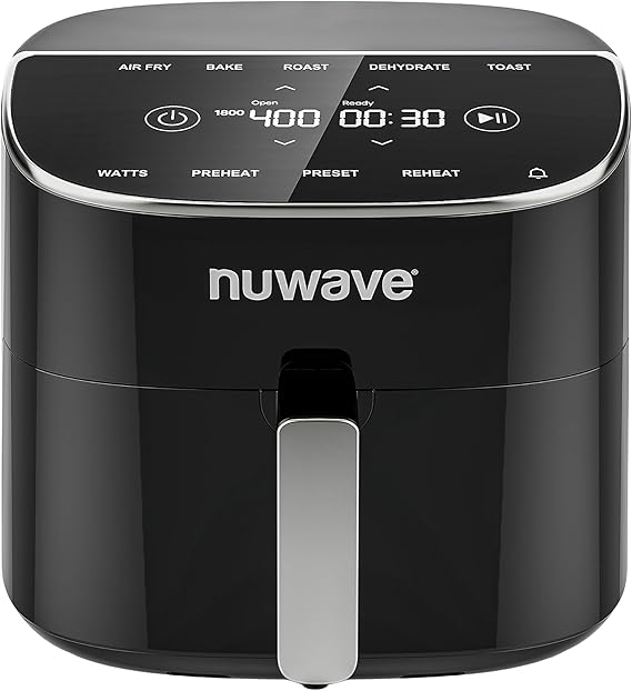 Nuwave Brio Plus 8 Qt Air Fryer, PFAS Free, New & Improved, Digital Touch Screen, Cool White Display, 50°F~400°F in Precise 5°, 5 Cook Functions, 100 Presets & 50 Memory, 3 Wattages 700, 1500, 1800