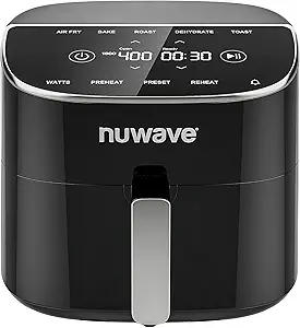 Nuwave Brio Plus 8 Qt Air Fryer, PFAS Free, New & Improved, Digital Touch Screen, Cool White Display, 50°F~400°F in Precise 5°, 5 Cook Functions, 100 Presets & 50 Memory, 3 Wattages 700, 1500, 1800