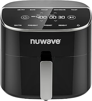Nuwave Brio Plus 8 Qt Air Fryer, PFAS Free, New & Improved, Digital Touch Screen, Cool White Display, 50°F~400°F in Precise 5°, 5 Cook Functions, 100 Presets & 50 Memory, 3 Wattages 700, 1500, 1800