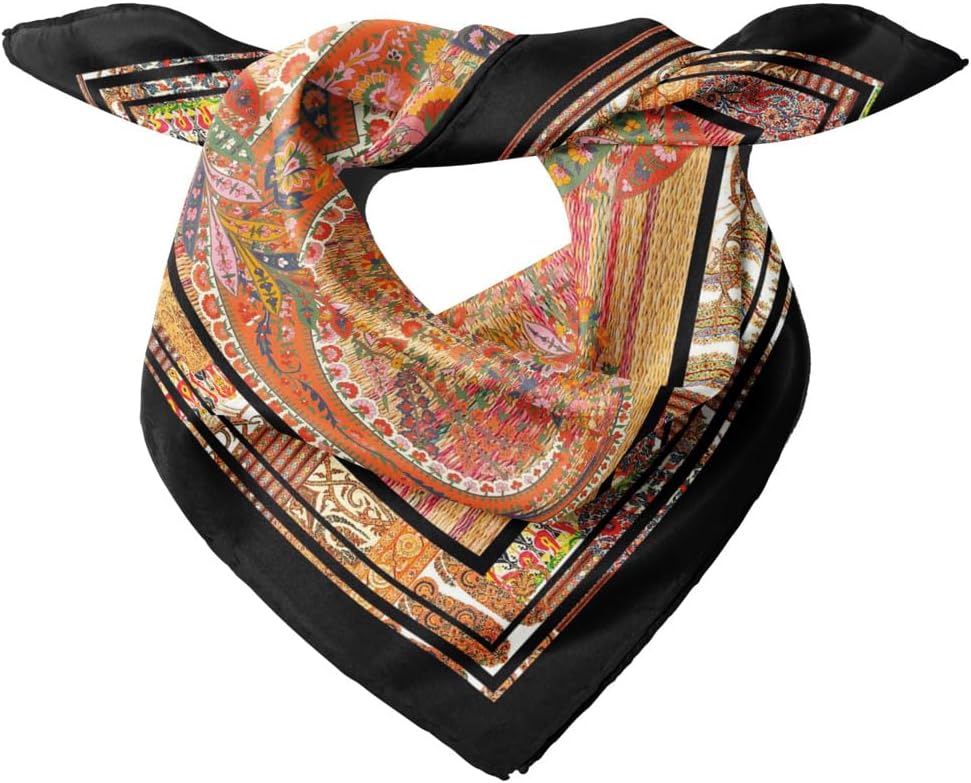 Square Bandana Scarf Ethnic Print 27x27 in Satin Polyester Head Neck Hair Accessory for Women Girls Black - Siyah Taba