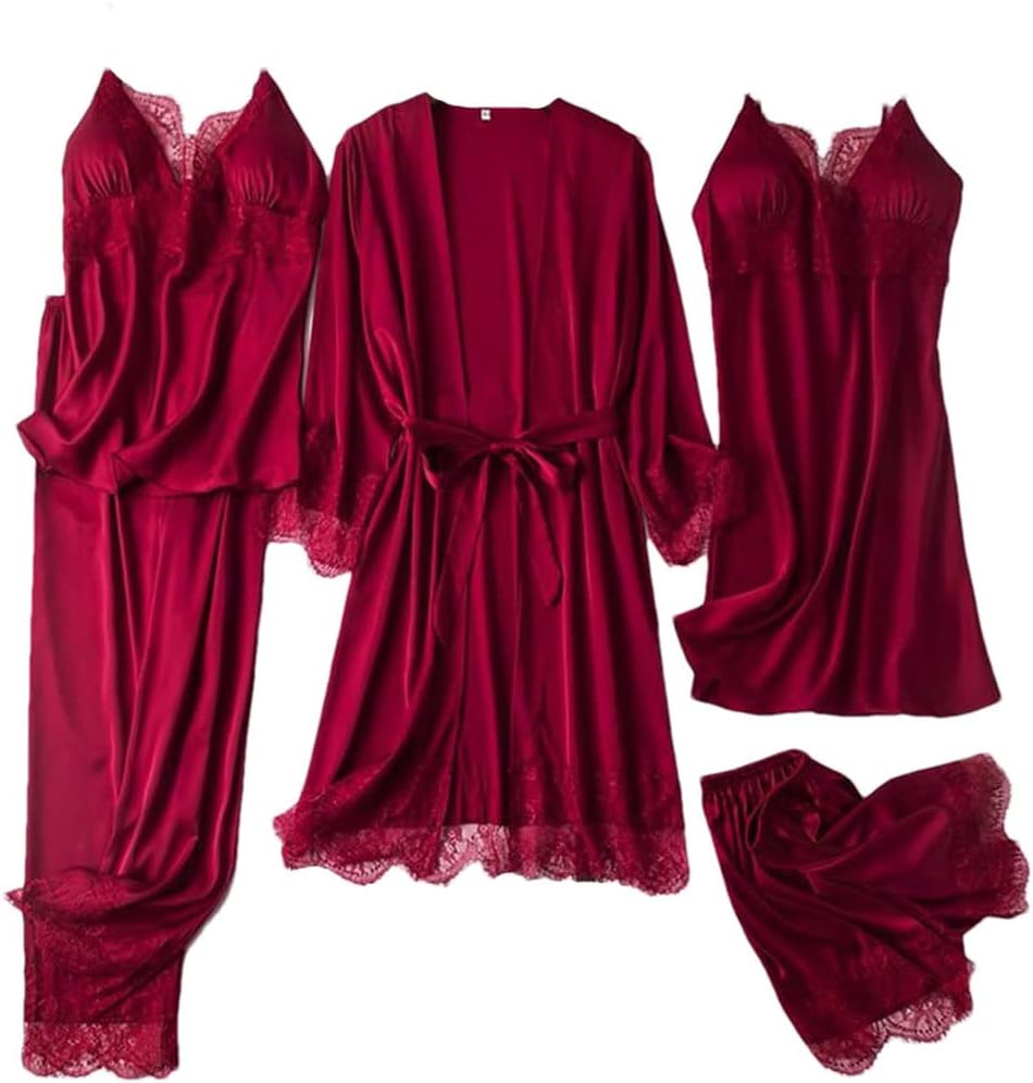 Haitpant Black 5Pcs Lace Satin Robe Gown Sets Sexy Womens Bathrobe Nightgown Suit Spring Sleepwear Home Kimono Pajamas