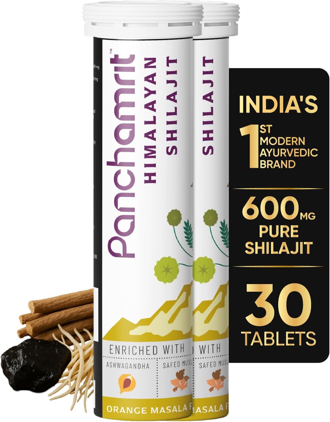 Panchamrit Pure Himalayan Shilajit Effervescent Tablets | 600mg Shilajeet Supplement for Men & Women | Stamina & Energy Booster | 100% Ayurvedic | Ashwagandha, Safed Musli |15 Tablets, Pack of 2