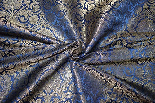 Tissu brocart jacquard bleu marine au mètre pour couture veste et ameublement