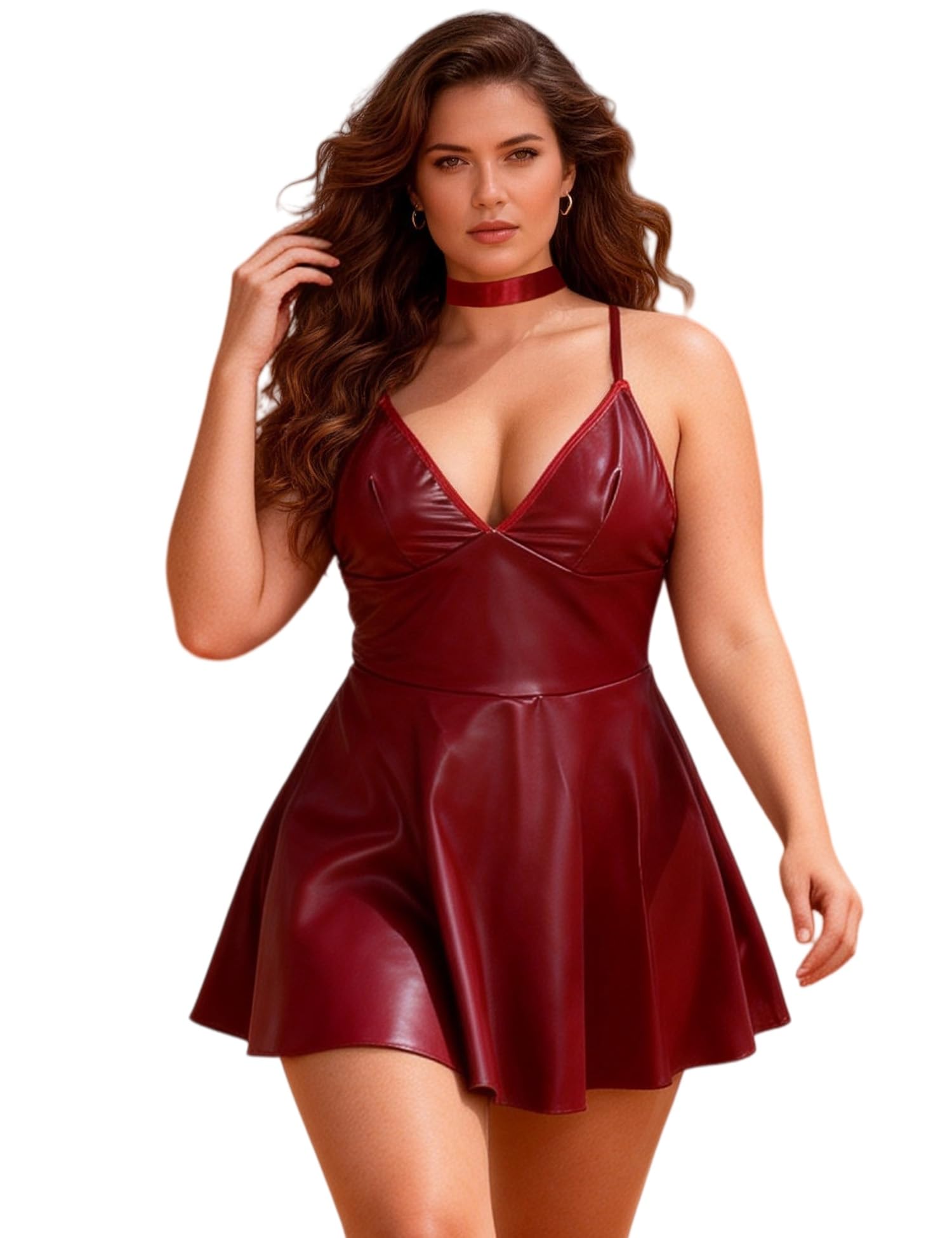 comeondear Lederkleid Damen Sexy Kurz PU Leder Dessous Party Outfit Cosplay Wetlook Kleid Mollige Frauen Minikleid V Ausschnitt Große Größen Erotische Unterwäsche Curvy Clubwear Lingerie Women(Rot,L)
