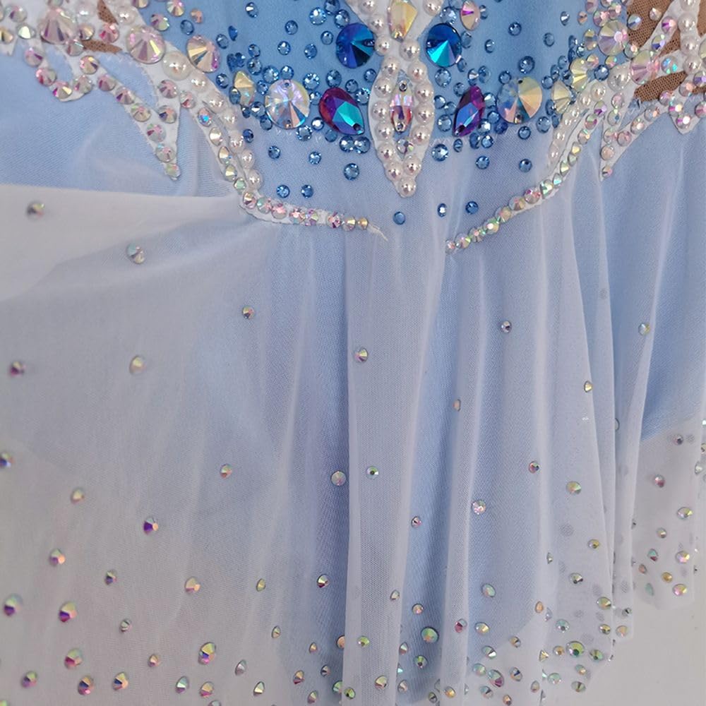 LIUHUO Maillot de gimnasia rítmica azul claro manga larga con diamantes rendimiento de competición