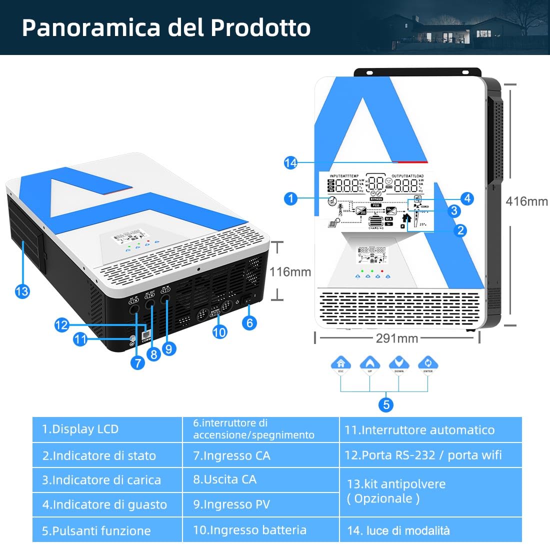 Anern Inverter solare ibrido da 2000W 12V DC a 220V/230 V AC con regolatore solare 140A, ingresso PV max. 150V, funzionamento con batterie al piombo da 12V e al litio