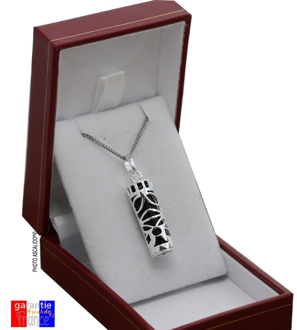Ensemble pendentif amulette porte bonheur Tahitien tiki sagesse et sa chaine 50cm en argent massif 925 noir neuf et avec coffret