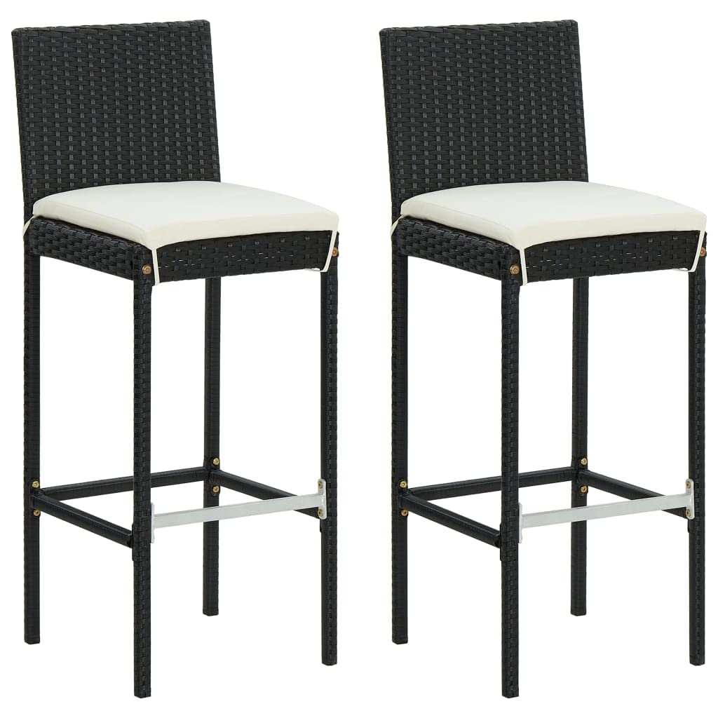 Garden Bar Stools with Cushions 2 pcs Black Poly Rattan, Outdoor Dining Seating with Powder-Coated Steel Frame and UV-Resistant Wicker, Foam Padded Cushion with Removable Zip