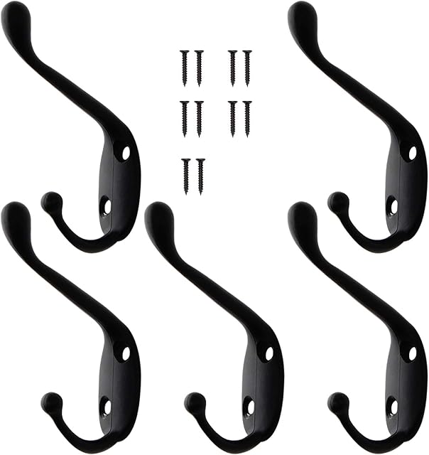 5 PCS Individual Vintage Antique Coat Hooks Wall Mounted Decorative Clothes Hat Hooks Double Prong Robe Hooks Single Screw In Door Hooks For Kitchen Bedroom Wall Bathroom Garage Hanging With Screws