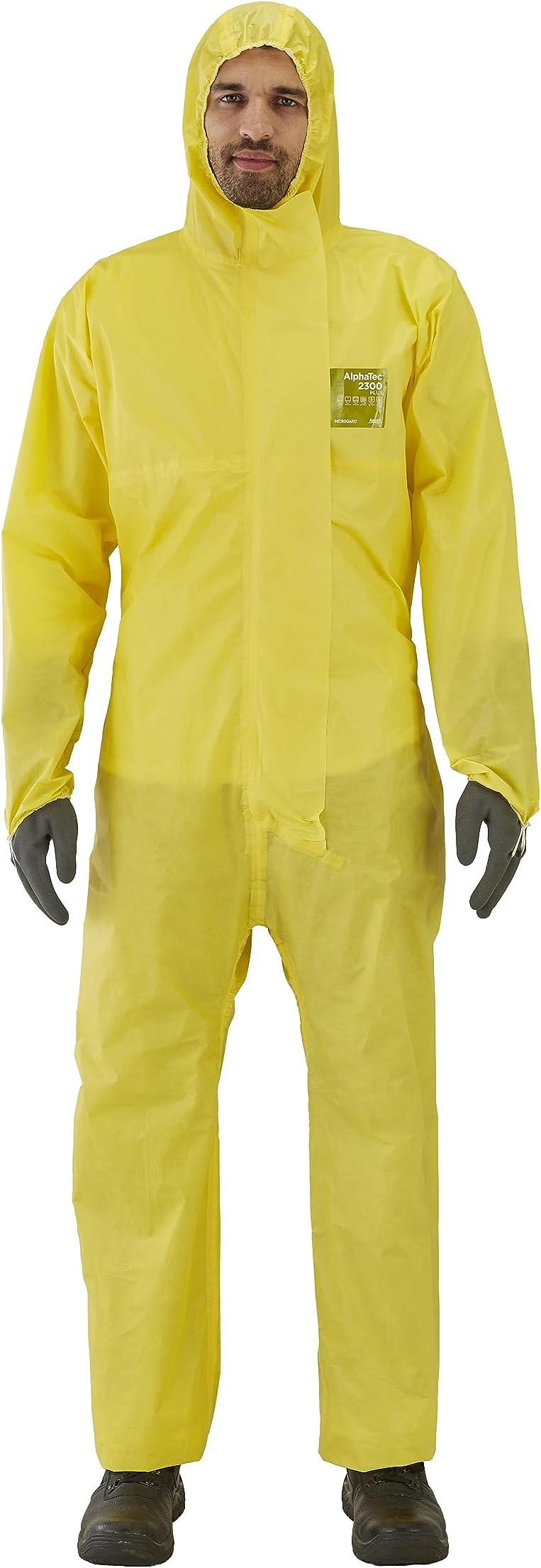– AlphaTec 2300 Model 132, Disposable Work Overall with Hood, Chemical Protection Type 3/4/5, Waterproof Coverall Suit, Industrial Safety Workwear, Men Women, Yellow