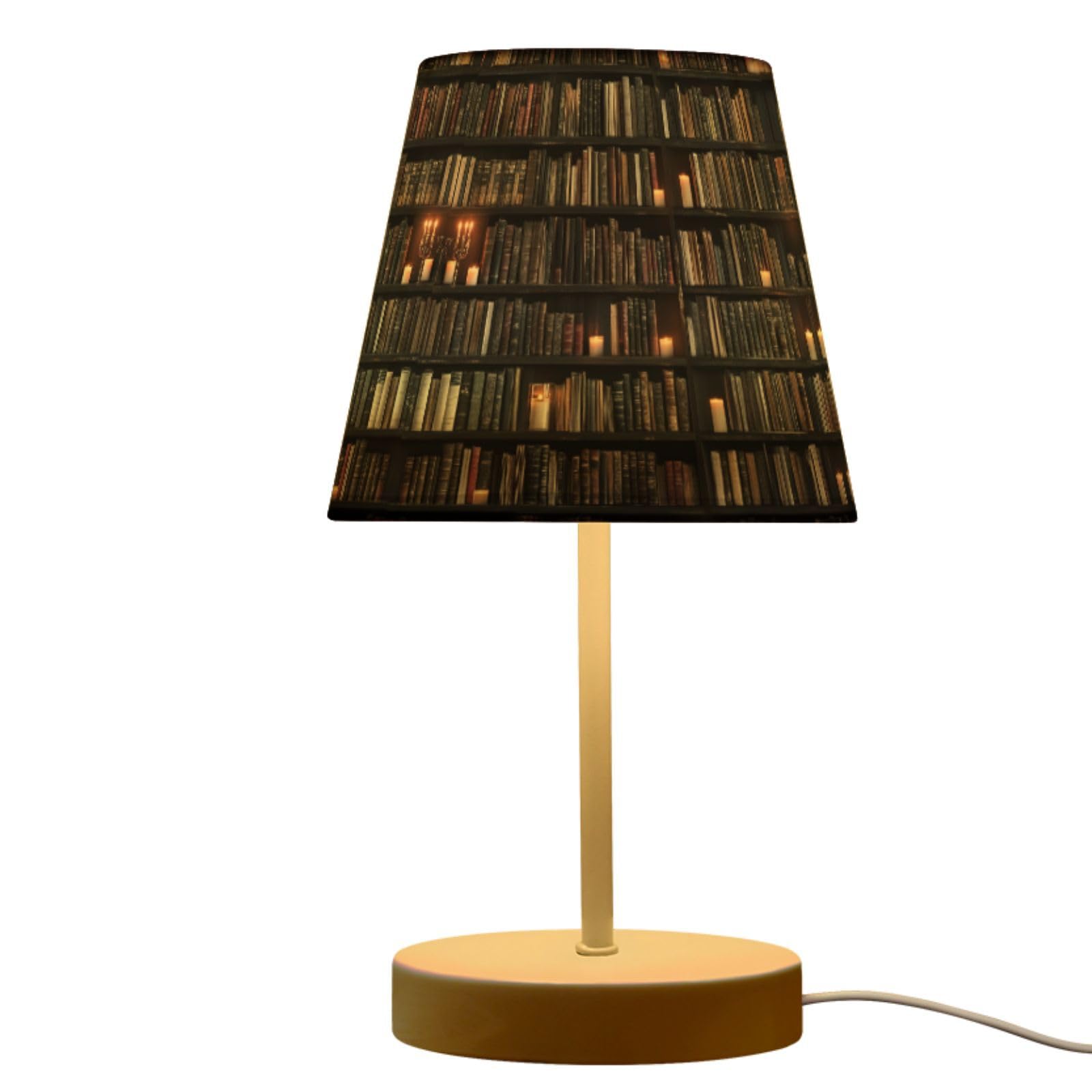 Modern 3 Colors Dimmable LED Table Lamp, Old Bookshelf Library Multi-storied Books Linen Shade 10.8" Bedside Nightstand Light with USB Port Gift for Home Desk Bedroom Room Cafe