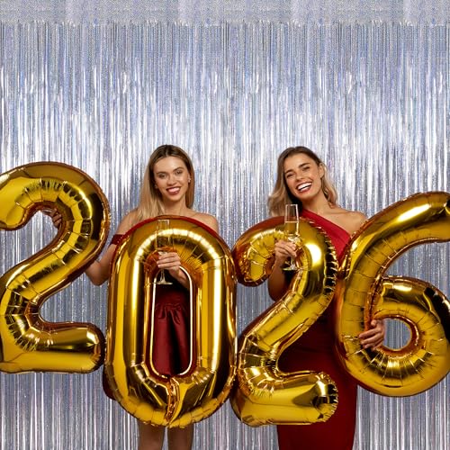 Image of ZATAYE 12 Pack Glitter Silver New Years Eve Foil Curtain Decorations | Glitter Silver, Metallic Foil, 3.28 x 7.05 FT, Tinsel Backdrop, Foil Curtain Streamer, New Years Eve Party