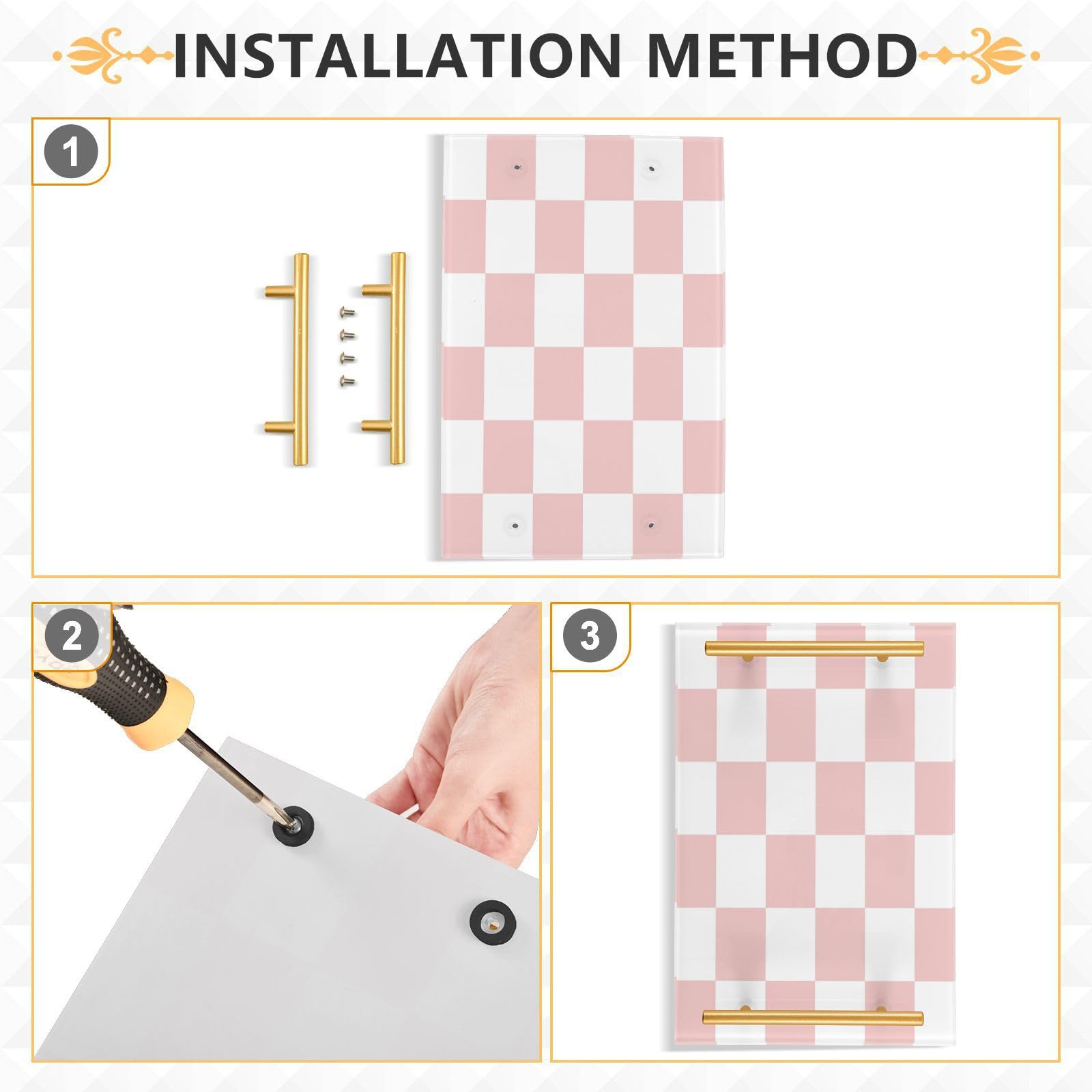 White Pink Squares Checkerboard Bathroom Sink Vanity Trays with Gold Handles Checkered Plaid Countertop Organizer Tray Acrylic Makeup Perfume Tray Dresser Tray Holder Decor Tray for Candle Small Pl