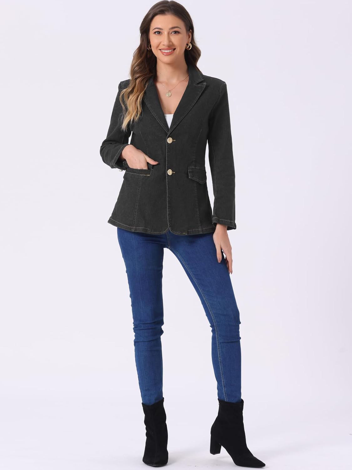 Allegra K Notched Lapel Denim Blazer for Women's Casual Work Long Sleeve Shoulder Pad Jean Jackets - Image 4