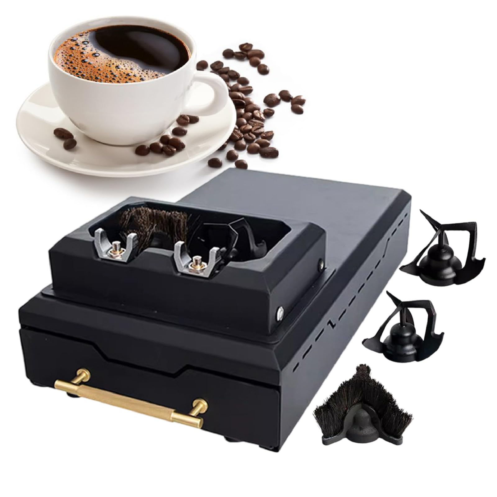 Elektryczna Automatyczna Myjka do Fusów po Kawie do Rączki Ekspresu do Espresso - ze Szczotką i 2 Skrobakami do Proszku - Czyścik do Portafilterów do Kawy 58mm