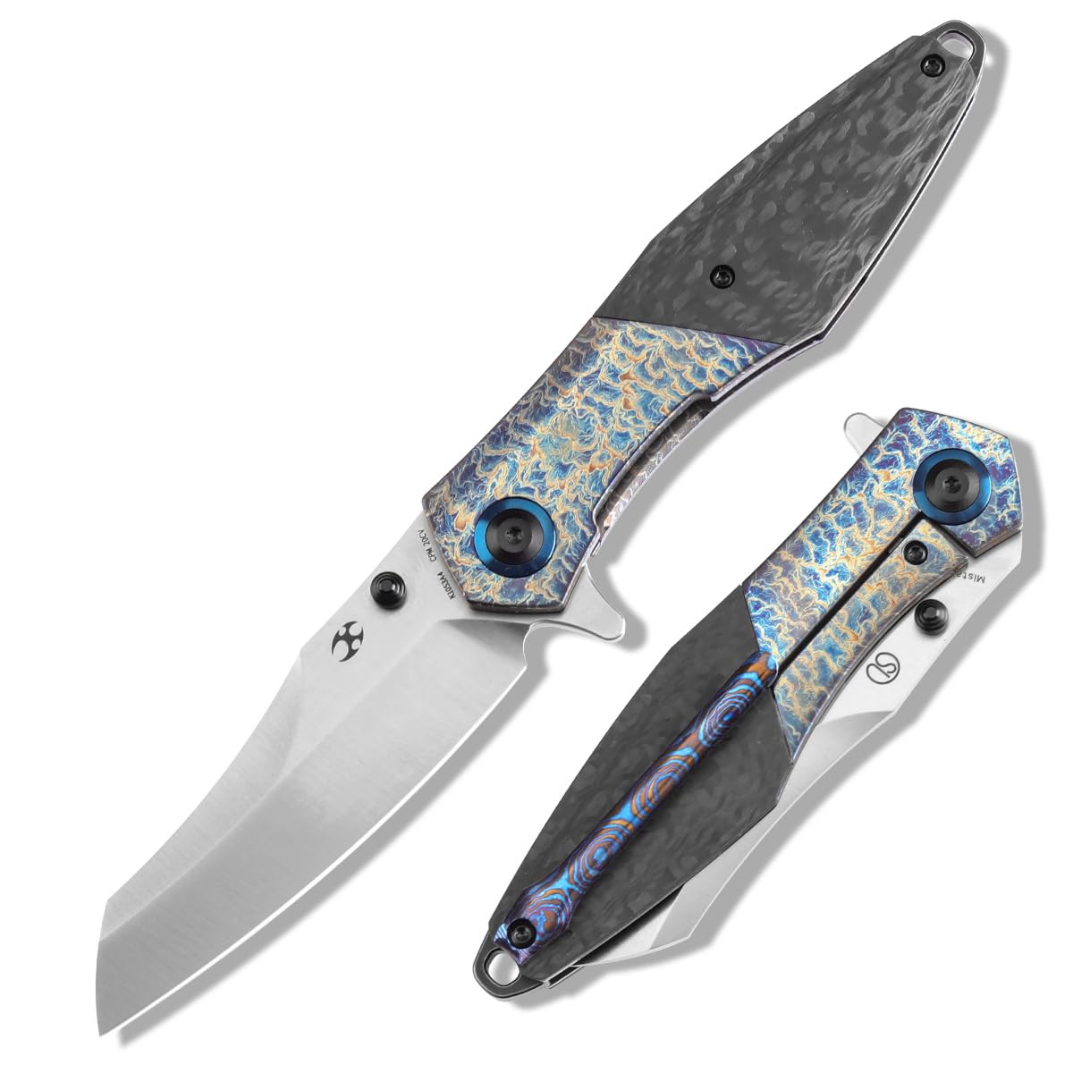KANSEPT Mistaken Folding Knives for Men EDC Camping Hiking Folding Knife for Men Women 3.58''CPM 20CV Blade with Lightning Strike Finish Titanium Twill Carbon Fiber Timascus Clip Handle EDC K1053A4