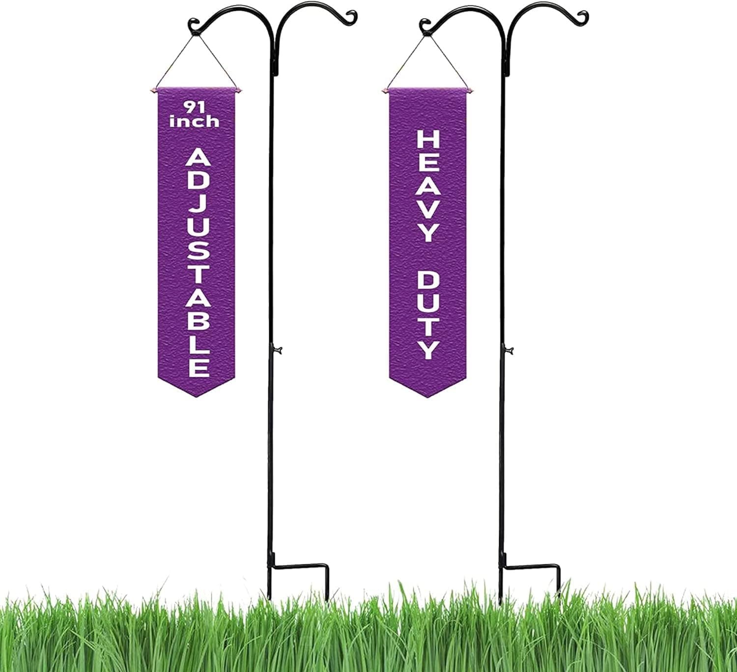 Ashman 91 Inch Adjustable Shepherds Hook with Twin Hooks 5/8 Inches Thick, Super Strong, Rust Resistant Steel Hook for Hanging Plant Baskets, Bird Feeders, Lanterns, Wind Chimes (2 Pack)