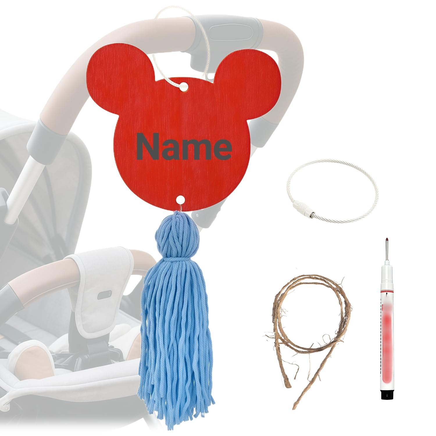 Colgante de etiqueta de identificación de cochecito, colgador de madera con nombre personalizado, localiza rápidamente tu cochecito en parques abarrotados, aeropuertos (rojo)