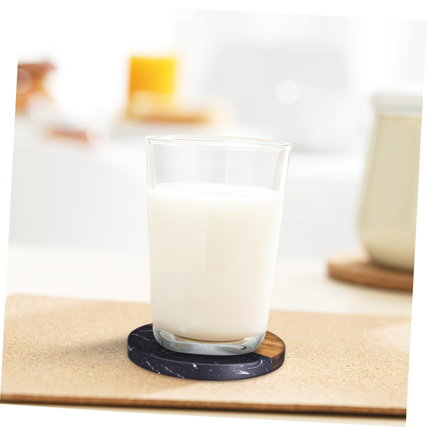 -Verres Ronds Rustiques 4 Pièces en Bois et Marbre, Antidérapants