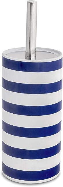 Harbour Housewares Bathroom Toilet Brush & Holder Set - Blue/White Stripe Ceramic/Metal Handle